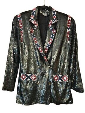 *Modi Vintage Native American Inspired Pattern w/Fringe Sequined Rodeo Jacket